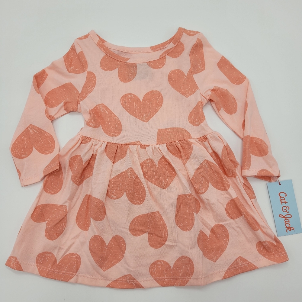 Cat & Jack Dress Long Sleeve Heart Print Cotton Blend Jersey Knit Size 12mo NEW